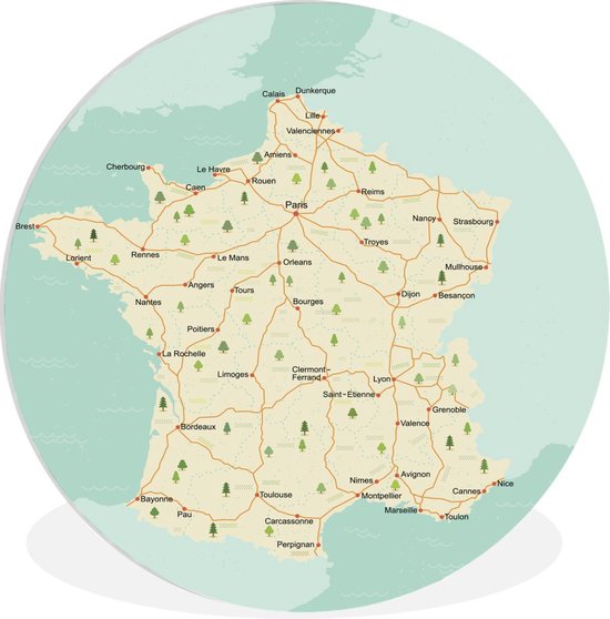Carte routière de la France Plaque murale cercle en plastique - ⌀ 120 cm -  Peinture