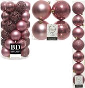 Kerstversiering kunststof kerstballen oud roze 6-8-10 cm pakket van 59x stuks - Kerstboomversiering