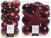 Kerstversiering kunststof kerstballen en hangers donkerrood 4-5-6-8 cm pakket van 59x stuks - Met ster vorm piek van 19 cm