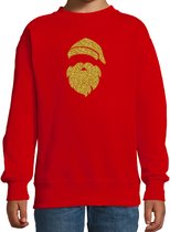 Kerstman hoofd Kerstsweater - rood met gouden glitter bedrukking - kinderen - Kersttruien / Kerst outfit 7-8 jaar (122/128)