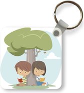 Sleutelhanger - Illustratie van twee lezende kinderen - Plastic - Rond - Uitdeelcadeautjes