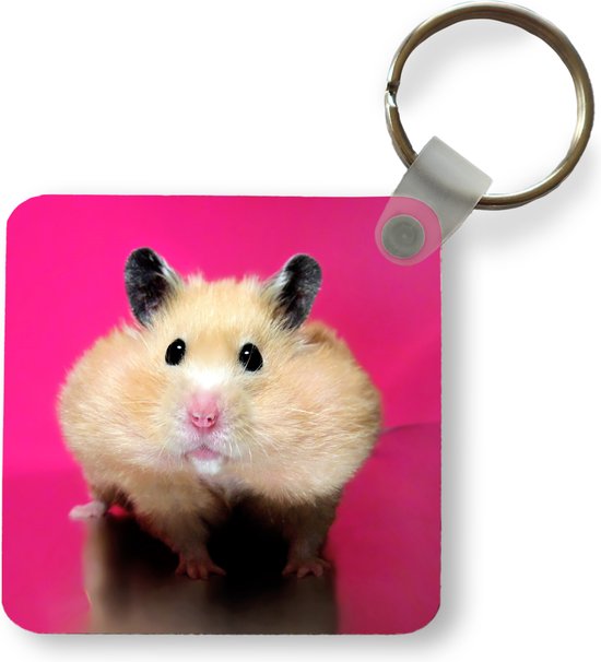 Sleutelhanger - Hamster met roze achtergrond - Plastic - Rond - Uitdeelcadeautjes