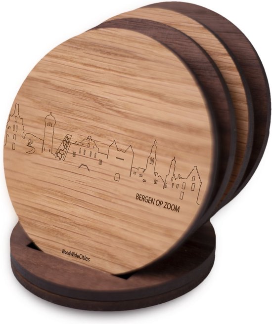 Skyline Onderzetters Bergen op Zoom - Eiken en noten hout - 4 stuk(s) + houder - Ø 9 cm Rond - Cadeau - Woon decoratie - Woonkamer - WoodWideCities