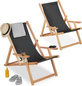 Relaxdays strandstoel hout - set van 2 - tuin ligstoel - inklapbare campingstoel - zwart