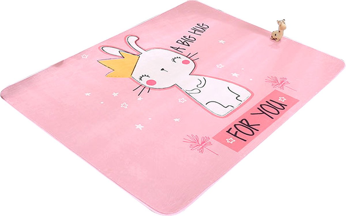 Baby cadeau meisje - Vloerkleed kinderkamer - Lieve Kat Kroontje - Waterbestendig tapijt baby's - kindertapijt - speelkleed meisje - Roze
