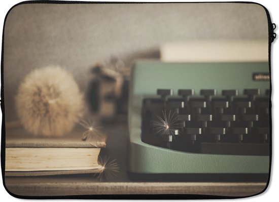 Laptophoes 13 inch - Typemachine - Vintage - Paardenbloem - Laptop sleeve - Binnenmaat 32x22,5 cm - Zwarte achterkant