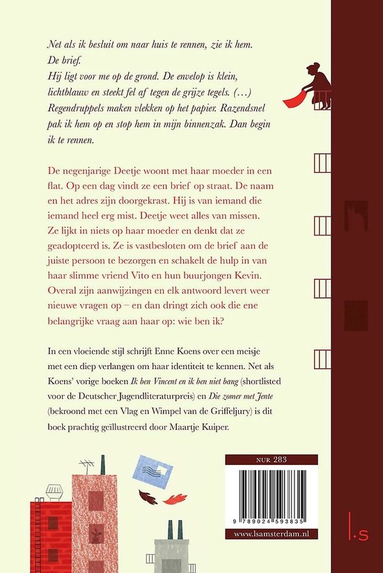 De achterkant van een boek met een illustratie van huizen en een brief.