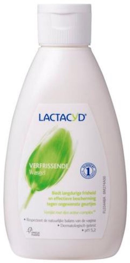Witte fles Lactacyd Verfrissende Wasgel met groene bladtint en het getal 1. Biedt langdurige frisheid.