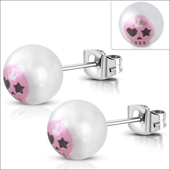 Aramat jewels ® - Pareloorbellen doodshoofd wit roze staal 9.5mm