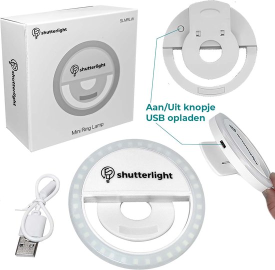 Shutterlight Selfie Lamp - 36 LED - Ø 8.5 cm - Dimbaar Wit Licht - Wit - Shutterlight®