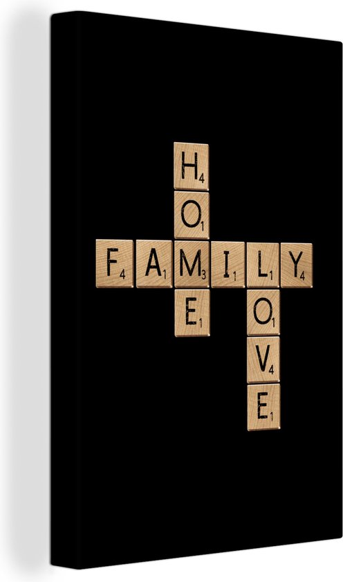 Citation Scrabble Home Family Love sur fond noir 40x60 cm - Tirage photo sur toile (Décoration murale salon / chambre)