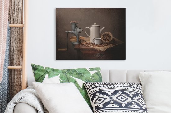 Canvas Schilderij Vele koffie bonen met draai apparaat - 40x30 cm - Wanddecoratie
