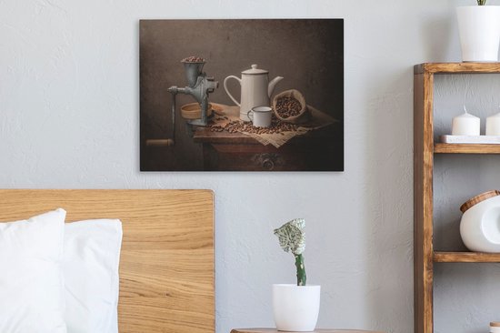 Canvas Schilderij Vele koffie bonen met draai apparaat - 40x30 cm - Wanddecoratie