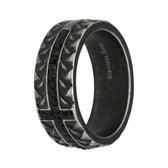 Lucardi Heren Ring textuur met zirkonia zwart - Ring - Cadeau - Staal - Zilverkleurig