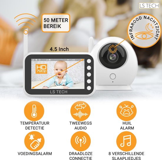 LS Tech LS100 - Babyfoon met camera - Baby camera 7 functies - HD Babyphone Wit