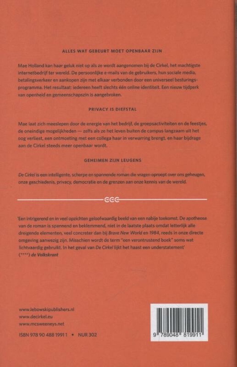 Achterkant boek 'De Cirkel' met samenvatting, recensies en barcode.