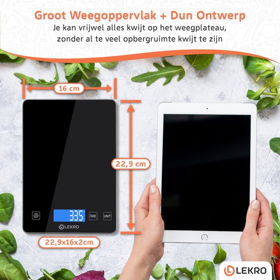 Lekro Digitale Precisie Keukenweegschaal – Weegschaal Keuken - 1gr-15kg – Tarra Functie - Zwart