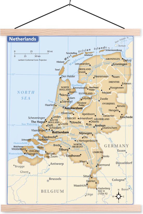 Posterhanger incl. Poster - Schoolplaat - Bruine kaart van Nederland cm -... |