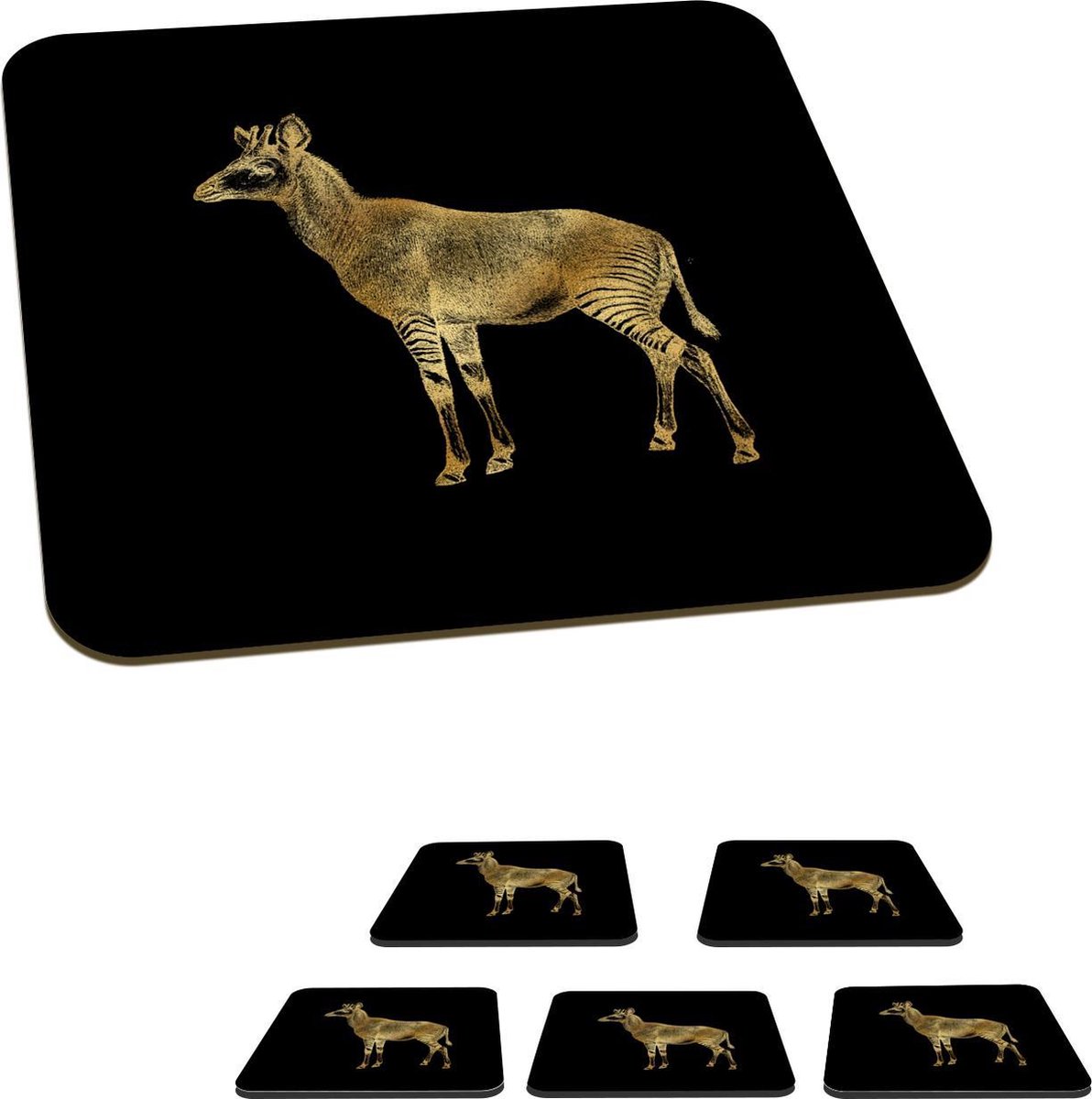 Onderzetters voor glazen - Vintage - Okapi - Goud - 10x10 cm - Glasonderzetters - 6 stuks