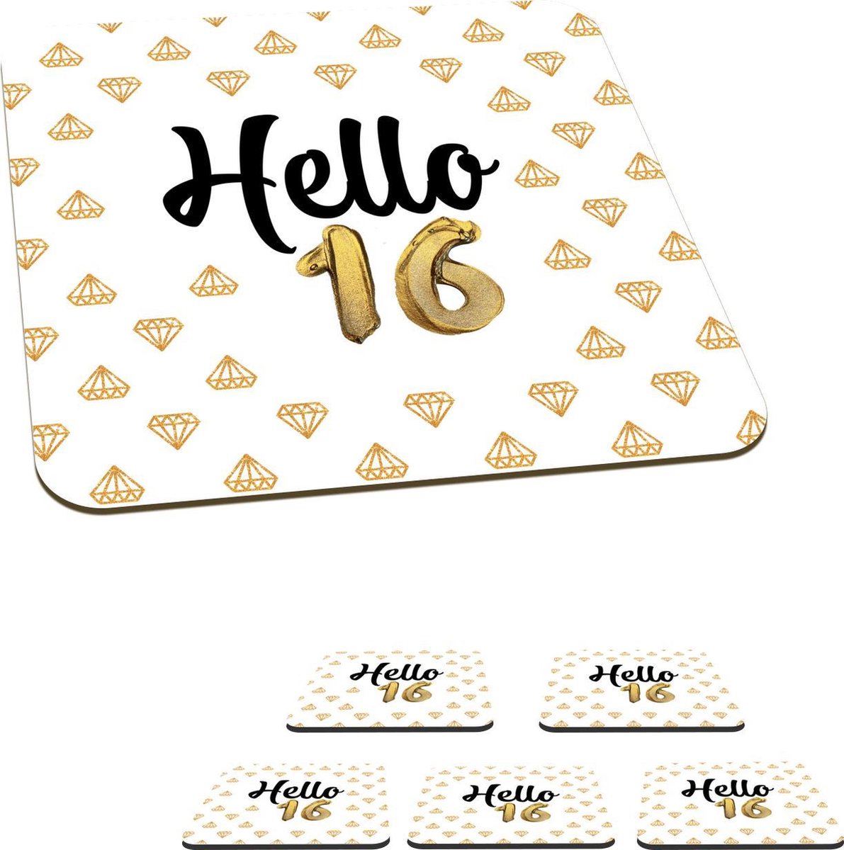 Onderzetters voor glazen - Feest - Diamant - 16 jaar - 10x10 cm - Glasonderzetters - 6 stuks