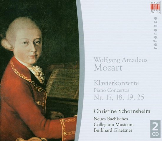 Portret van Mozart in rode jas met gouden versiering, zittend aan een klavecimbel. "Wolfgang Amadeus Mozart - Klavierkonzerte Piano Concertos Nr. 17, 18, 19, 25"