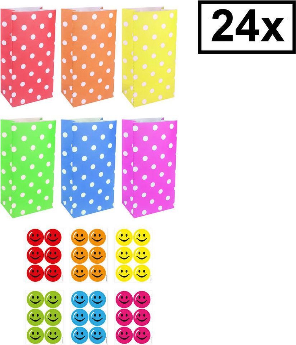 24 STUKS Traktatie Uitdeel papieren zakjes - Inclusief Stickers - Mix Kleuren Traktatiezakjes voor uitdeelcadeautjes