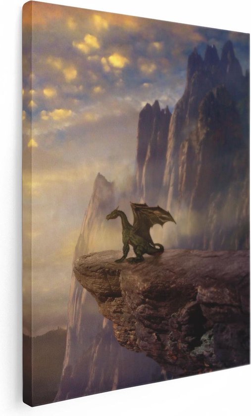 Artaza - Peinture sur Toile - Dragon sur un Rocher au Coucher du Soleil - 60x80 - Photo sur Toile - Impression sur Toile