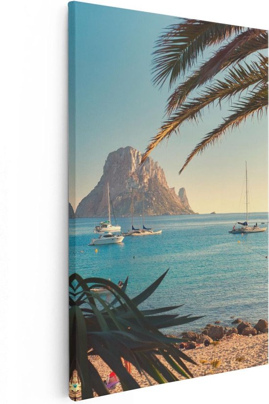 Artaza Canvas Schilderij Ibiza Cala d'Hort Strand  - 80x120 - Groot - Foto Op Canvas - Canvas Print