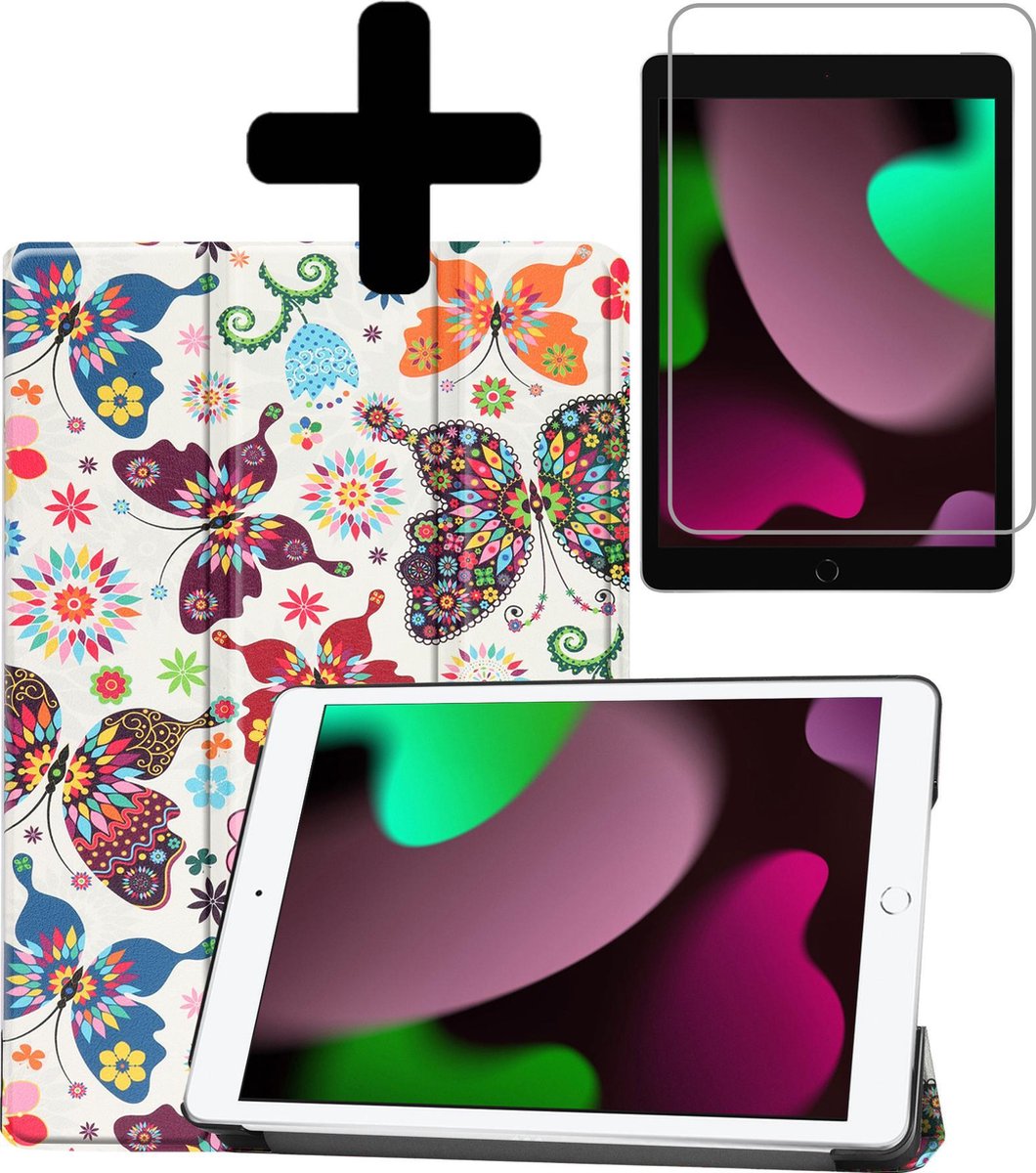 Hoes Geschikt voor iPad 10.2 2021 Hoes Luxe Hoesje Book Case Met Screenprotector - Hoesje Geschikt voor iPad 9 Hoes Cover - Vlinders