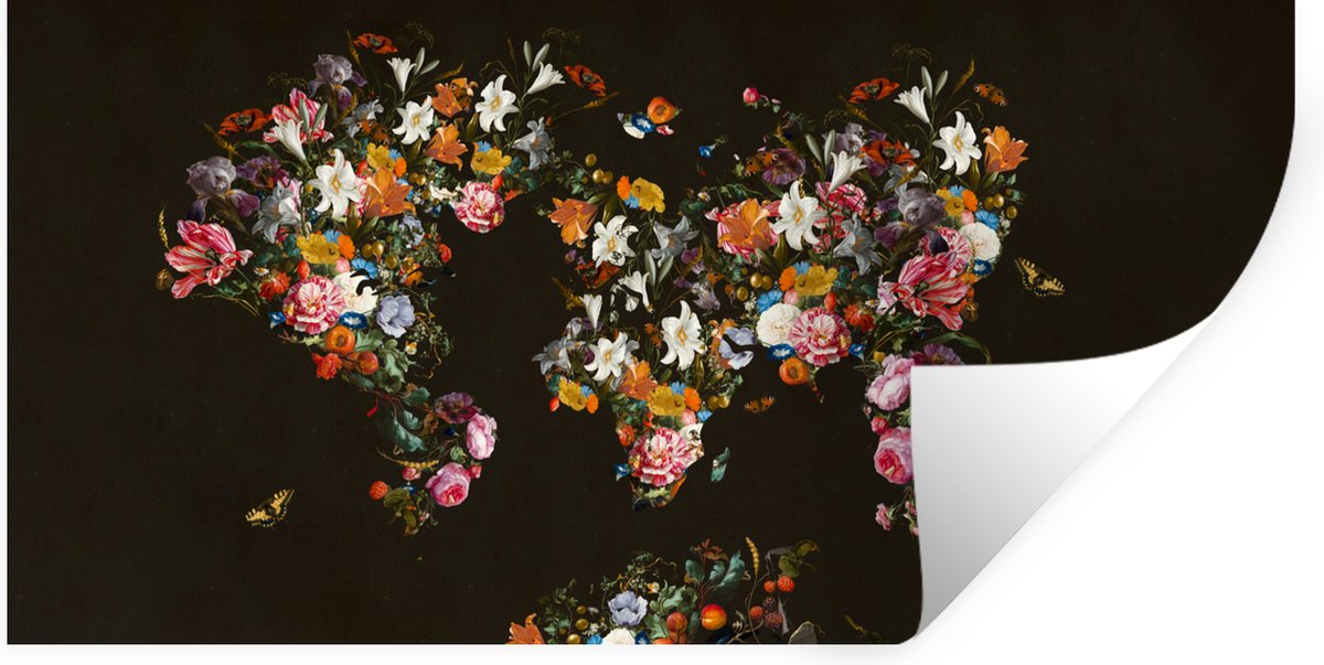 Muurstickers - Sticker Folie - Kaart - Bloemen - Zwart - 40x20 cm - Plakfolie - Muursticke