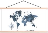 Wanddecoratie - Wereldkaart - Aquarelverf - Windroos - Schoolplaat - 150x75 cm - Textielposter - Textiel poster