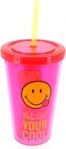 drinkbeker met rietje Smiley 500 ml roze/geel