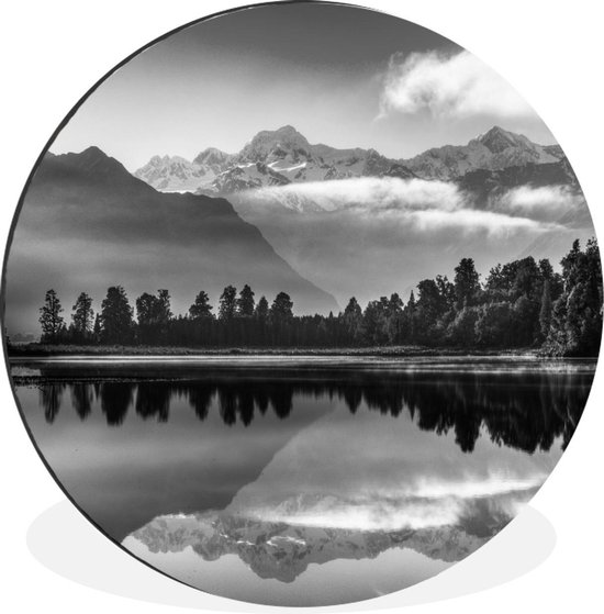 WallCircle - Wandcirkel - Muurcirkel - Nieuw-Zeeland - Reflectie - Berg - Aluminium - Dibond - ⌀ 90 cm - Binnen en Buiten