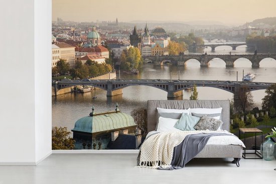 Papier peint photo peint photo vinyle - Les ponts de Prague avec un ciel gris largeur 330 cm x hauteur 220 cm - Tirage photo sur papier peint (disponible en 7 tailles)