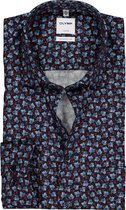 OLYMP Luxor comfort fit overhemd - blauw met bordeaux bladeren dessin - Strijkvrij - Boordmaat: 41