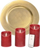 Ronde kaarsenplateau/bord goud van kunststof D33 cm met 3 bordeaux rode LED-kaarsen 10/12,5/15 cm - Tafeldecoratie