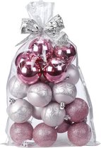 20x stuks kunststof/plastic kerstballen roze mix 6 cm in giftbag - Kerstboomversiering/kerstversiering