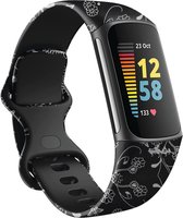 SmartphoneClip® SportBandje Black Silver Flowers geschikt voor Fitbit Charge 5 en 6