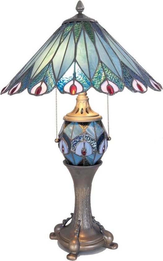 Lampe de table Tiffany Ø 40*65 cm E27/max 2*60W / E14/max 1*7W Blauw, Rouge Glas Lampe de bureau Tiffany Lampes Tiffany