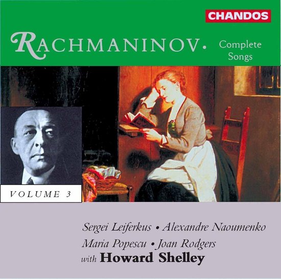 CD-hoes Rachmaninov Complete Songs Volume 3 met een portret en een klassiek schilderij van een vrouw die leest.