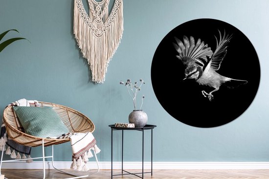 WallCircle - Wall Circle - Wall Circle Indoor - Pimpelmees - Vogel - Zwart - Noir Blanc - 140x140 cm - Décoration murale - Peintures Ronds