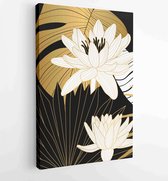Luxe omslag ontwerpsjabloon. Lotus line arts hand draw gouden lotusbloem en bladeren 1 - Moderne schilderijen – Verticaal – 1923490766 - 80*60 Vertical