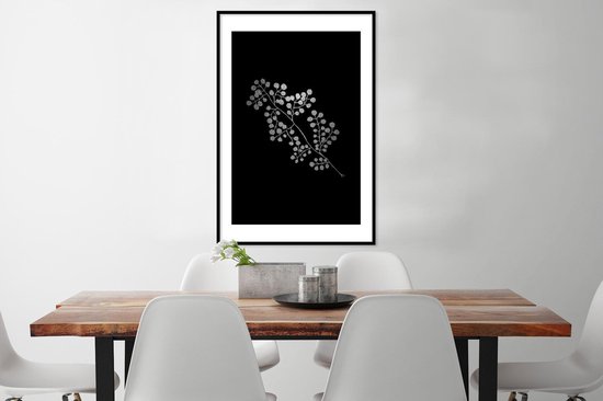 Cadre photo avec affiche Zwart Wit- Branche avec feuilles rondes sur fond noir - noir et blanc - 60x90 cm - Cadre pour affiche