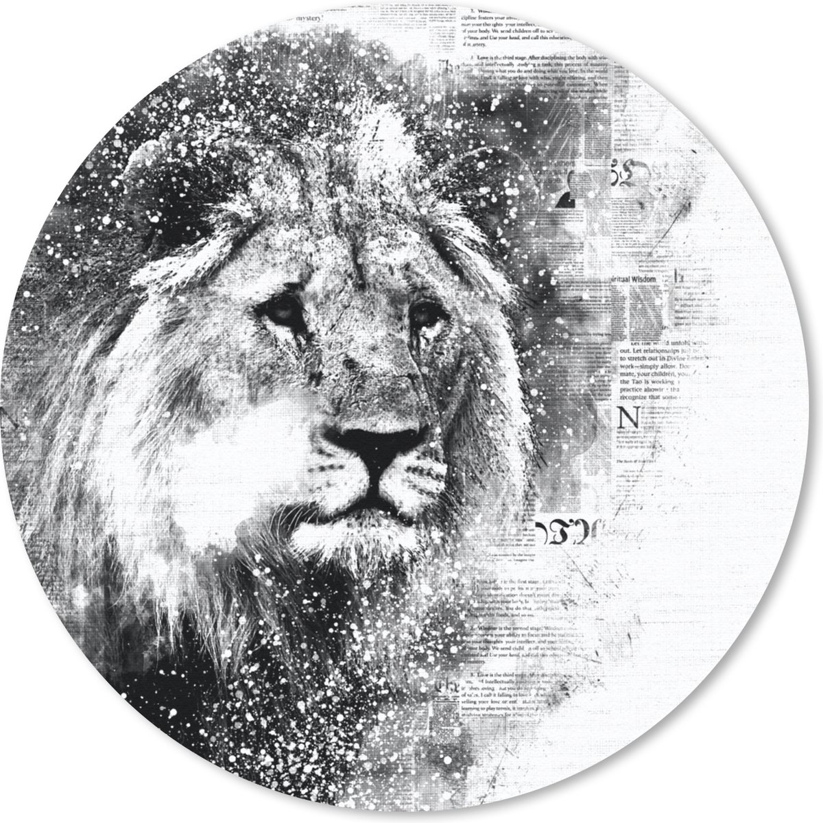 Muismat rond 20x20 cm - Mousepad Leeuw - Krant - Zwart - Wit - Ronde muismatten