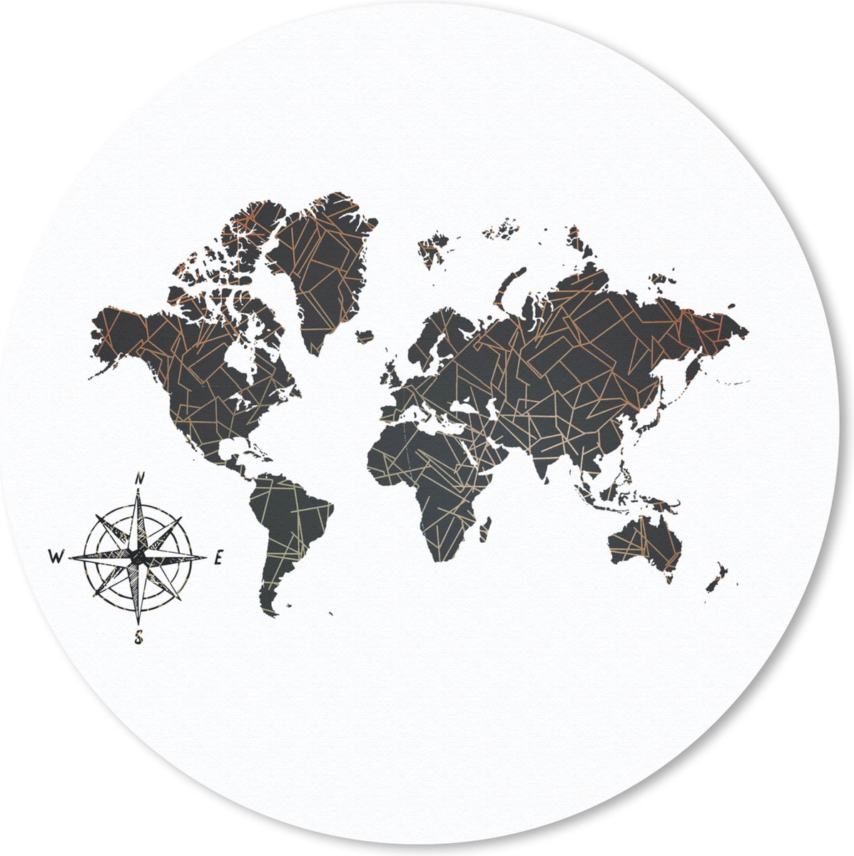 Muismat rond 20x20 cm - Mousepad Wereldkaart - Zwart - Kompas - Ronde muismatten
