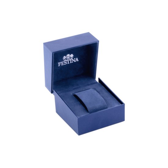 Blauwe Festina horlogedoos, open, met een horlogehouder.