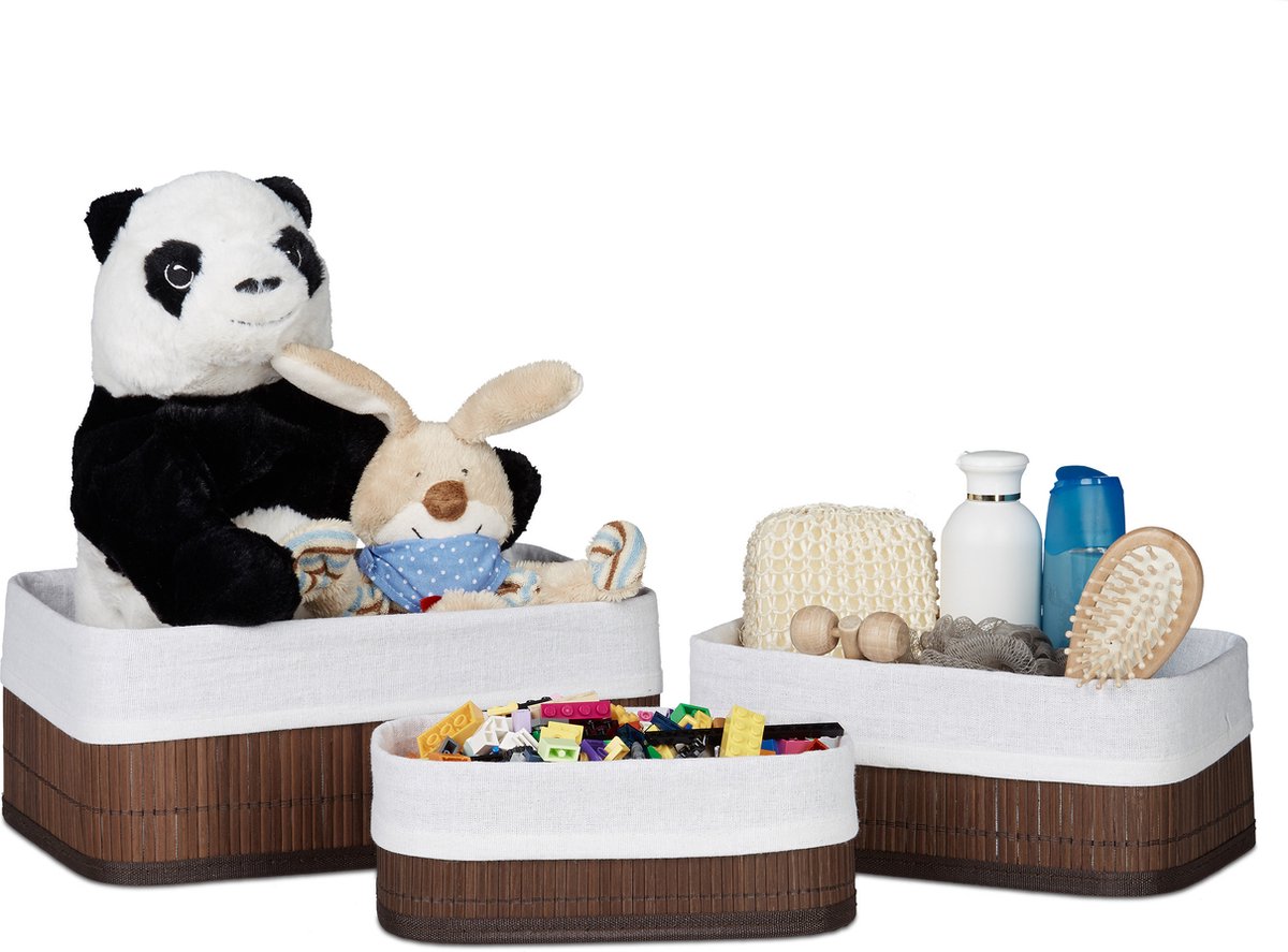 opbergmanden badkamer - set van 3 - met stof - voor speelgoed - bruin