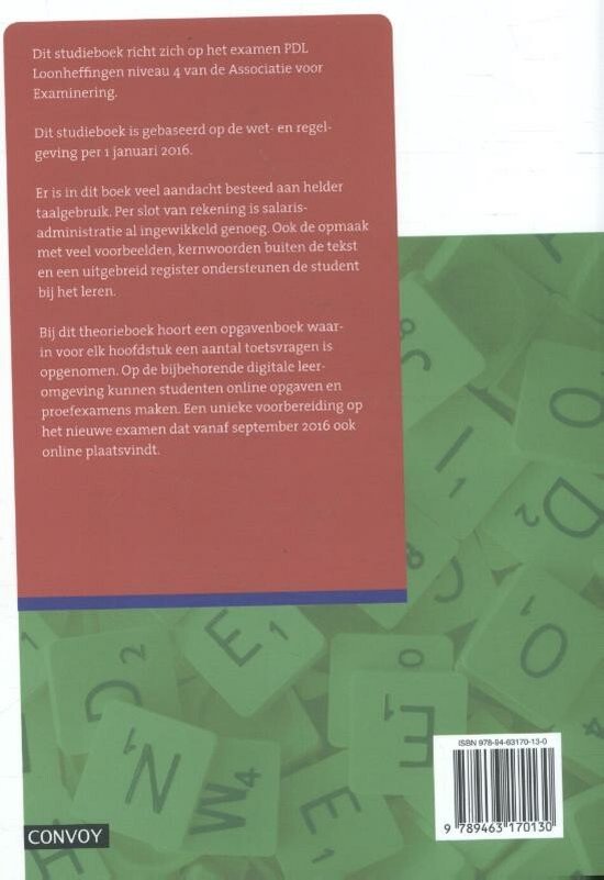 Boek met rode achtergrond en tekst over studieboek Loonheffingen, met op de achtergrond een groene ondergrond met letters