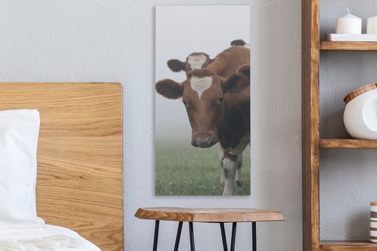Tableau Peinture Vaches - Marron - Brouillard - 20x40 cm - Décoration murale