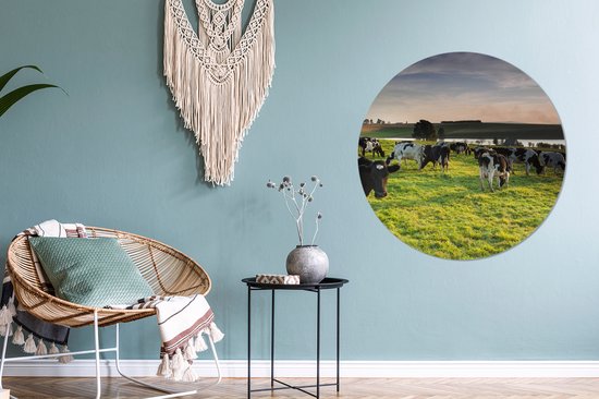 WallCircle - Stickers muraux - Cercle de papier peint - Vache - Herbe - Coucher de soleil - 100x100 cm - Cercle mural - Autocollant - Sticker papier peint rond XXL